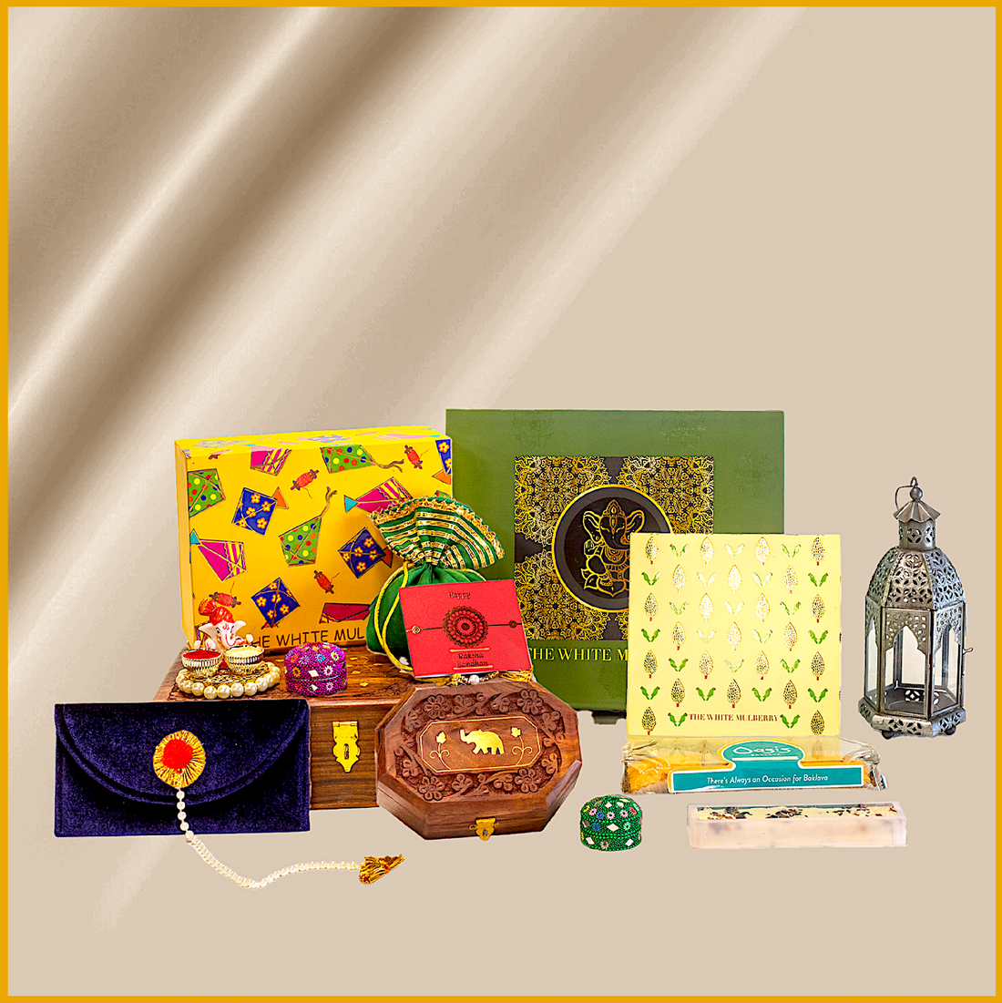 Handmade, curated Gift Boxes for Indian Rakshabandhan Festival. Rakhi gift box selection for 2023 Rakhi Celebration. Different prices for each gift box and a selection of six types of handcrafted gifts for rakhi for your family and loved ones. 
