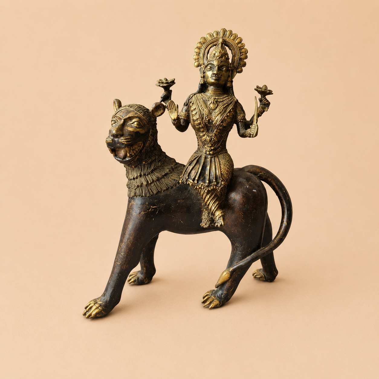 Bronze lion and divine rider statue