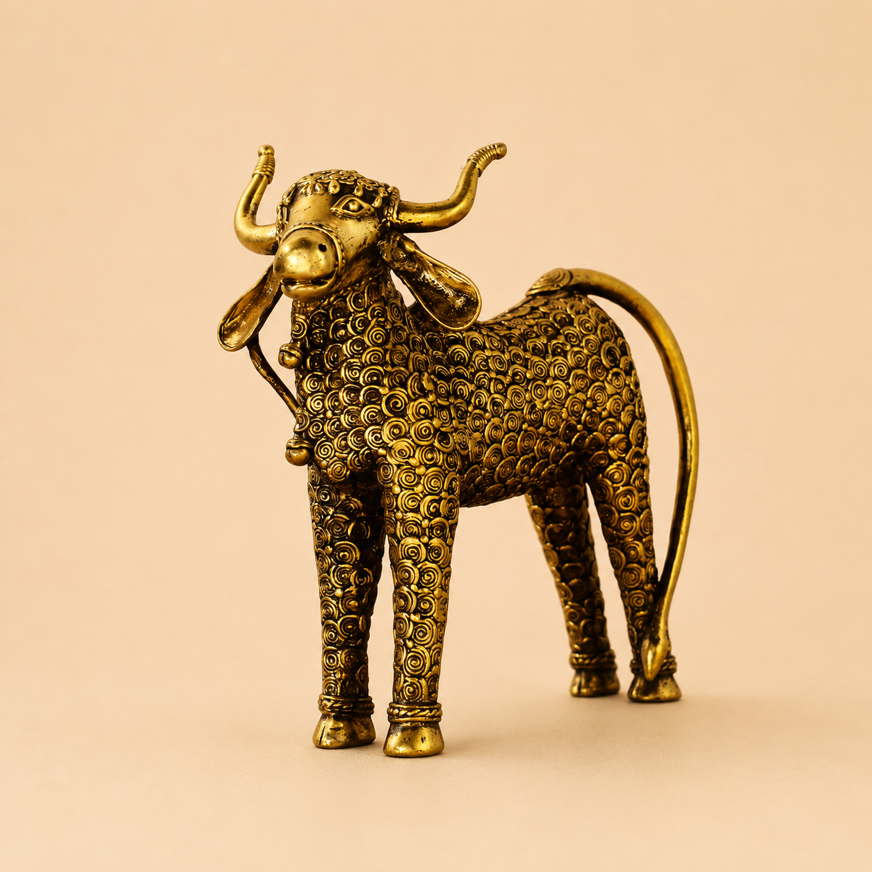Golden bovine figurine on neutral backdrop