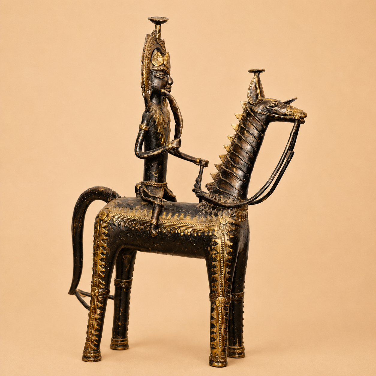 Ornate metal rider and animal sculpture