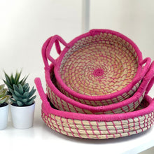 Load image into Gallery viewer, Nested Baskets in Natural with Pink Accents, Set of 3
