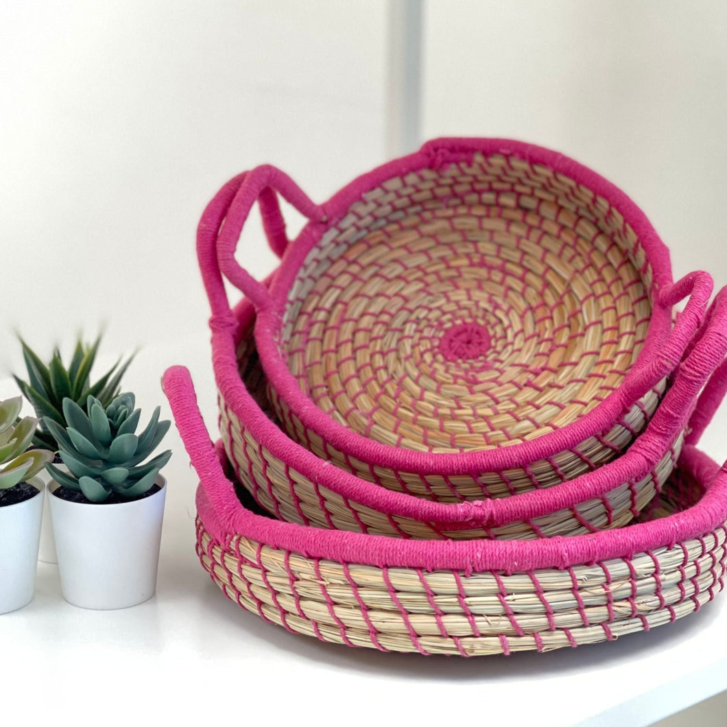Nested Baskets in Natural with Pink Accents, Set of 3