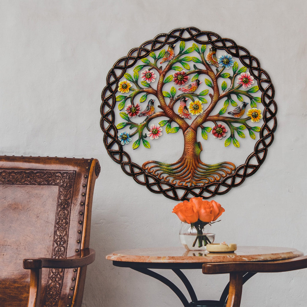 Rooted Tree of Life in Circle Haitian Metal Drum Wall Art