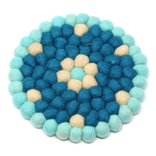 Load image into Gallery viewer, Hand Crafted Felt Ball Trivets from Nepal: Round Flower Design, Turquoise - Global Groove (T)
