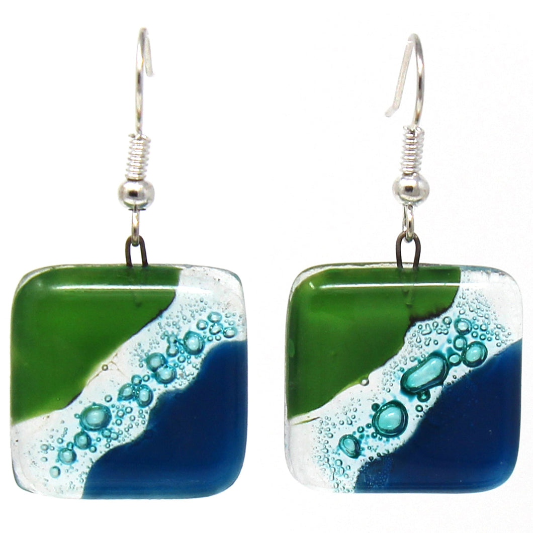 Square Glass Dangle Earrings, Blue Green Waves - Tili Glass