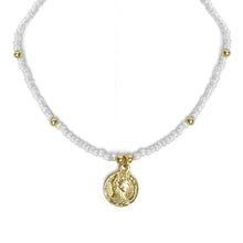 Load image into Gallery viewer, White Glass Bead Choker with Brass Coin Pendant
