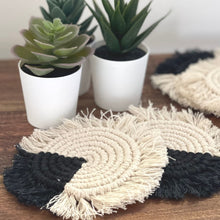 Load image into Gallery viewer, Macrame Coasters in Charcoal with fringe, Set of 4
