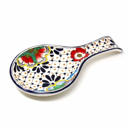 Handmade Pottery Spoon Rest, Dots & Flowers - Encantada