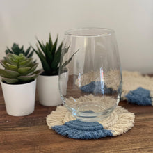 Load image into Gallery viewer, Macrame Coasters in Blues with fringe, Set of 4
