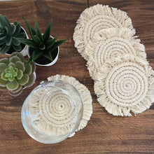 Load image into Gallery viewer, Macrame Coasters in Natural with fringe, Set of 4
