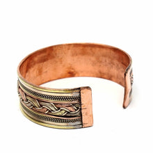 Load image into Gallery viewer, Copper and Brass Cuff Bracelet: Healing Ribbon - DZI (J)
