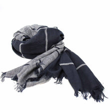 Load image into Gallery viewer, Hand-printed Cotton Scarf, Black &amp; Gray Stripes with Fringe
