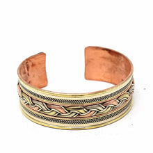 Load image into Gallery viewer, Copper and Brass Cuff Bracelet: Healing Ribbon - DZI (J)
