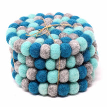 Load image into Gallery viewer, Hand Crafted Felt Ball Coasters from Nepal: 4-pack, Chakra Light Blues - Global Groove (T)
