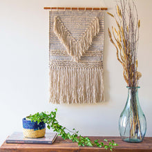 Load image into Gallery viewer, Handwoven Boho Wall Hanging, Blue Grey with Cream Fringe
