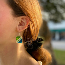Load image into Gallery viewer, Square Glass Dangle Earrings, Blue Green Waves - Tili Glass
