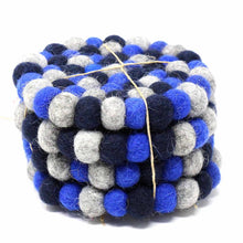 Load image into Gallery viewer, Hand Crafted Felt Ball Coasters from Nepal: 4-pack, Chakra Dark Blues - Global Groove (T)
