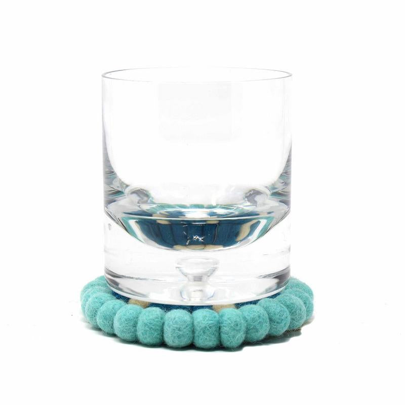 Hand Crafted Felt Ball Coasters from Nepal: 4-pack, Flower Turquoise - Global Groove (T)