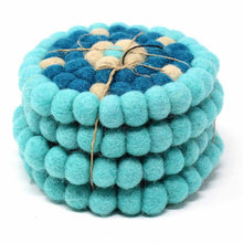 Load image into Gallery viewer, Hand Crafted Felt Ball Coasters from Nepal: 4-pack, Flower Turquoise - Global Groove (T)
