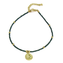 Load image into Gallery viewer, Dark Green Glass Bead Choker with Brass Coin Pendant
