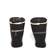 Load image into Gallery viewer, African Natural Bone Salt &amp; Pepper Shakers, White Etch Design on Dark
