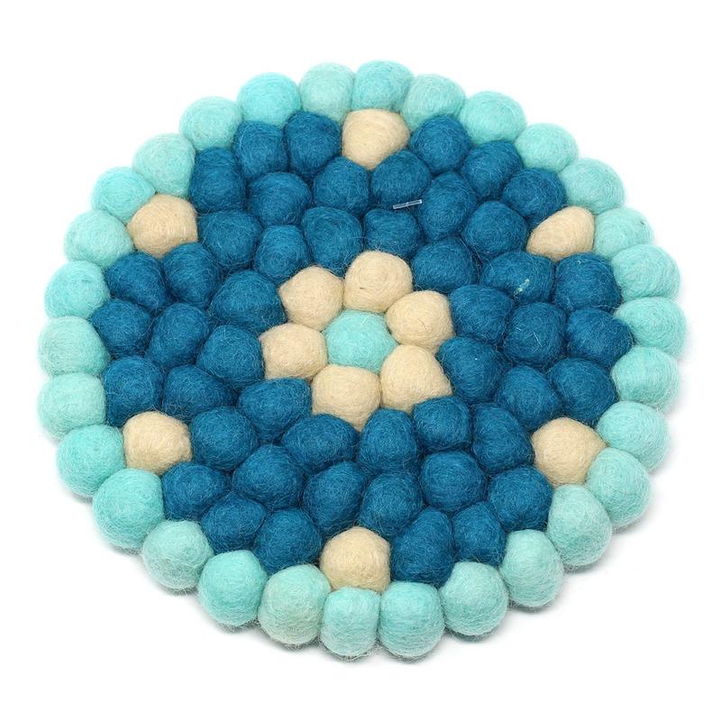 Hand Crafted Felt Ball Coasters from Nepal: 4-pack, Flower Turquoise - Global Groove (T)