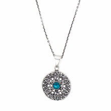 Load image into Gallery viewer, Jali Floral Turquoise Pendant Brass Necklace
