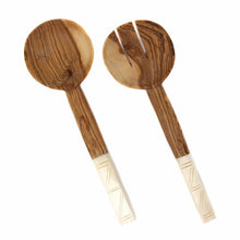 Load image into Gallery viewer, Olive Wood Salad Servers with Bone Handles, White with Square Design
